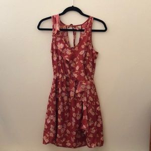 sleeveless red floral dress with ruffle